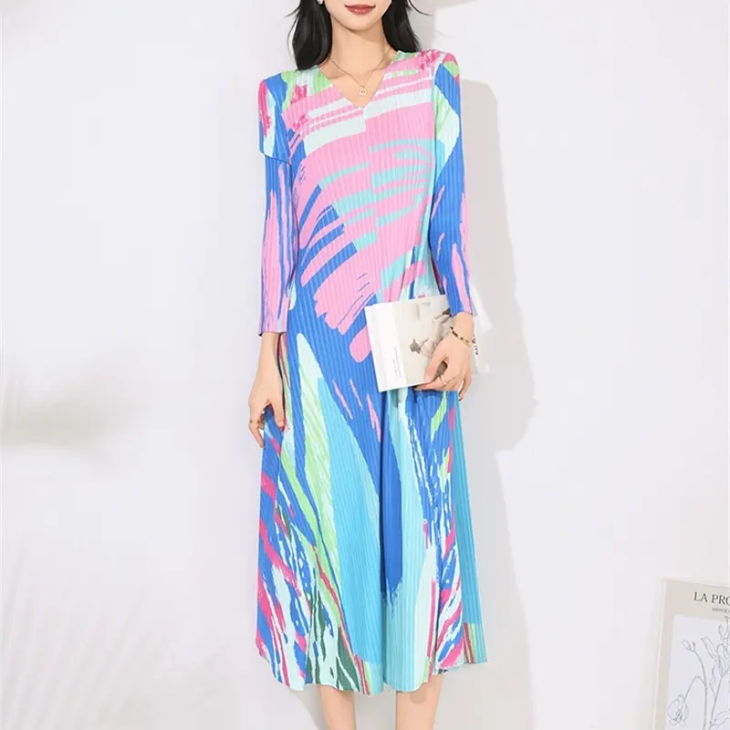 LANMREM Colorblock Print New Women's Pleated Dress V-neck Loose Three Quarter Sleeve Mid-length Dresses Famale A-line Dresses