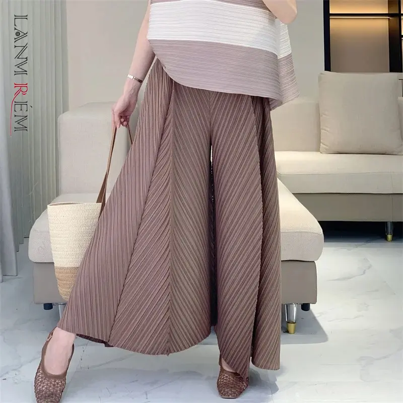 LANMREM Pleated Fashion Coffee Color Loose Wide-Leg Pants Women's Chic New Casual Pleated Elastic High-Waisted Trousers 2DB4167
