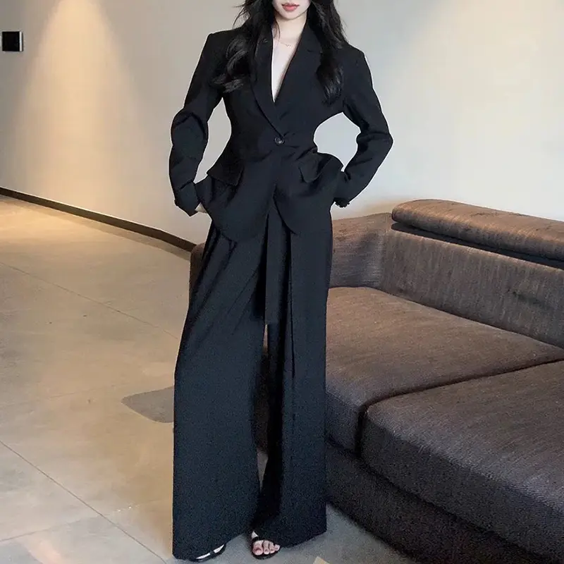 LANMREM High-end Women's Suit Set 2025 Chic New Korean Style Waist-cinching Blazer And Wide-leg Pants Two Pieces Sets 2DB4255