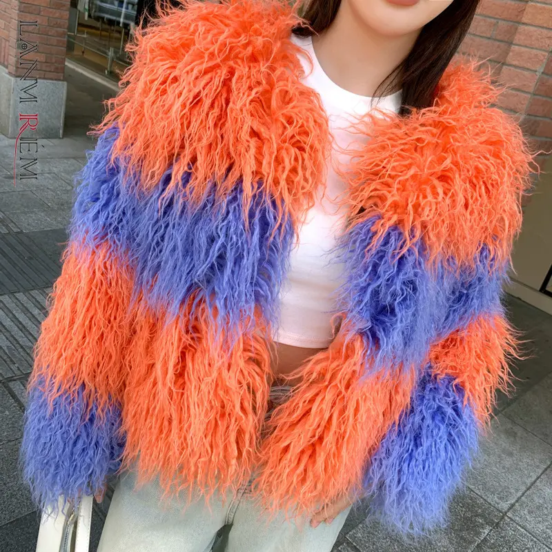 LANMREM High Quality Colorblock Patchwork Faux Fur Coat Women's Loose Cardigan O-neck Winter Thick Warm Short Jacket 2DB4200