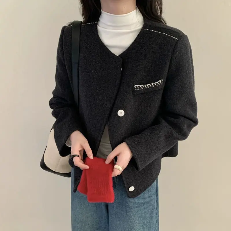 LANMREM Solid Color Round Neck Long Sleeve Single-Breasted Double-Sided Wool Coat Autumn Winter Woolen Short Jacket Chic 2DB4245