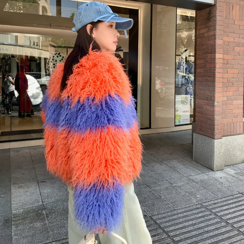 LANMREM High Quality Colorblock Patchwork Faux Fur Coat Women's Loose Cardigan O-neck Winter Thick Warm Short Jacket 2DB4200