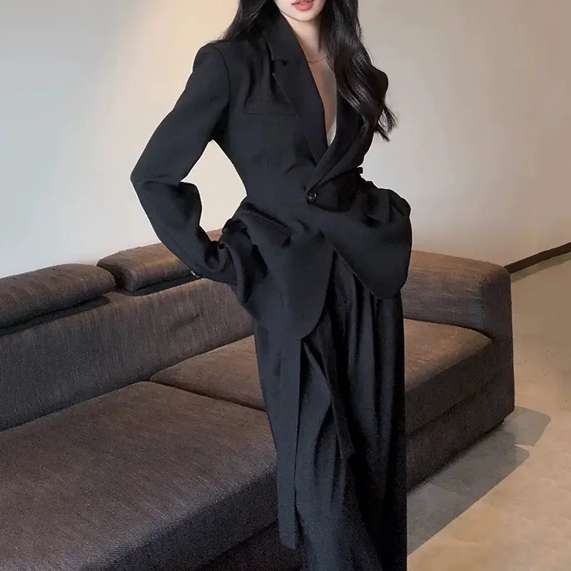 LANMREM High-end Women's Suit Set 2025 Chic New Korean Style Waist-cinching Blazer And Wide-leg Pants Two Pieces Sets 2DB4255