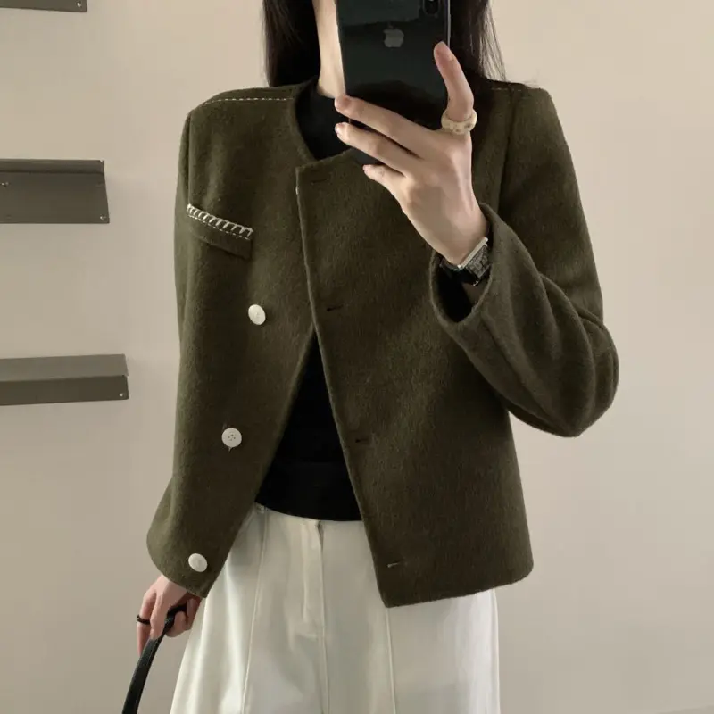 LANMREM Solid Color Round Neck Long Sleeve Single-Breasted Double-Sided Wool Coat Autumn Winter Woolen Short Jacket Chic 2DB4245