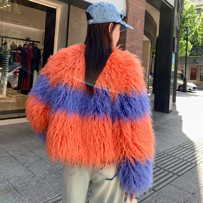 LANMREM High Quality Colorblock Patchwork Faux Fur Coat Women's Loose Cardigan O-neck Winter Thick Warm Short Jacket 2DB4200