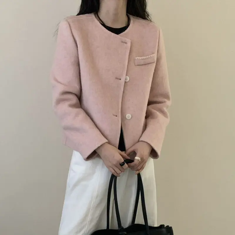 LANMREM Solid Color Round Neck Long Sleeve Single-Breasted Double-Sided Wool Coat Autumn Winter Woolen Short Jacket Chic 2DB4245