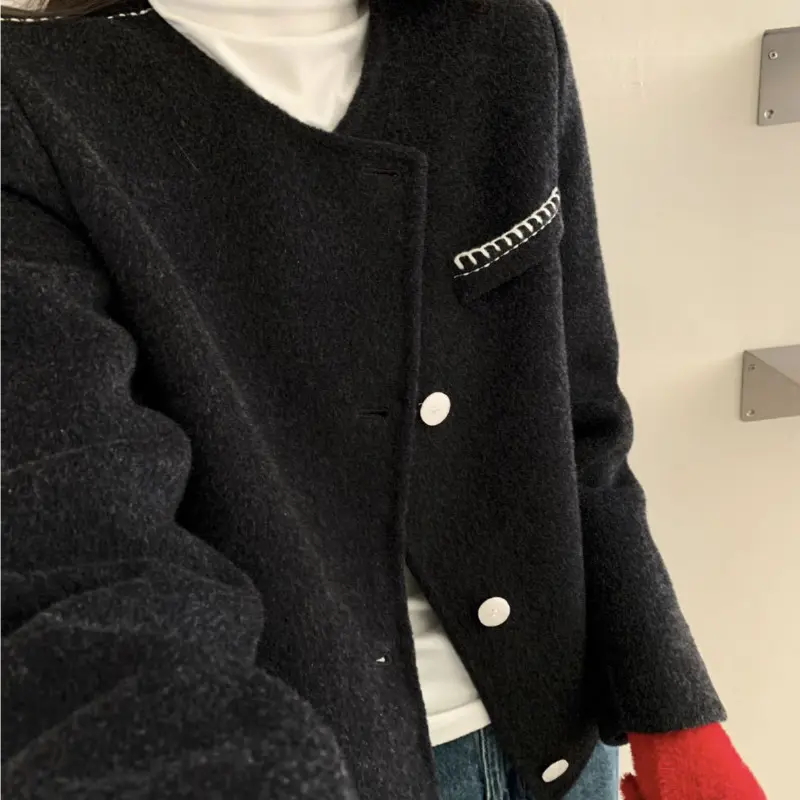 LANMREM Solid Color Round Neck Long Sleeve Single-Breasted Double-Sided Wool Coat Autumn Winter Woolen Short Jacket Chic 2DB4245