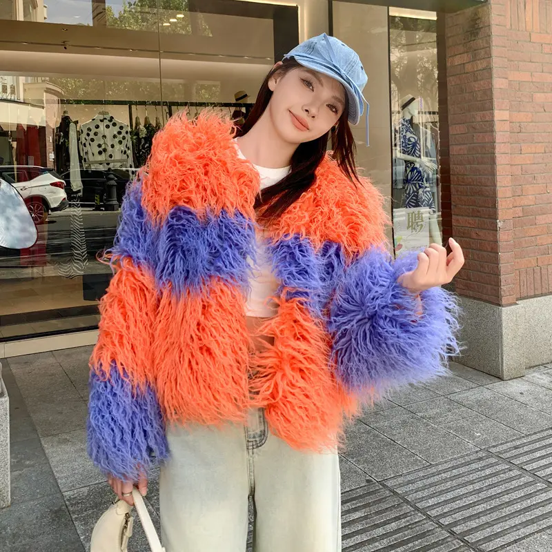 LANMREM High Quality Colorblock Patchwork Faux Fur Coat Women's Loose Cardigan O-neck Winter Thick Warm Short Jacket 2DB4200
