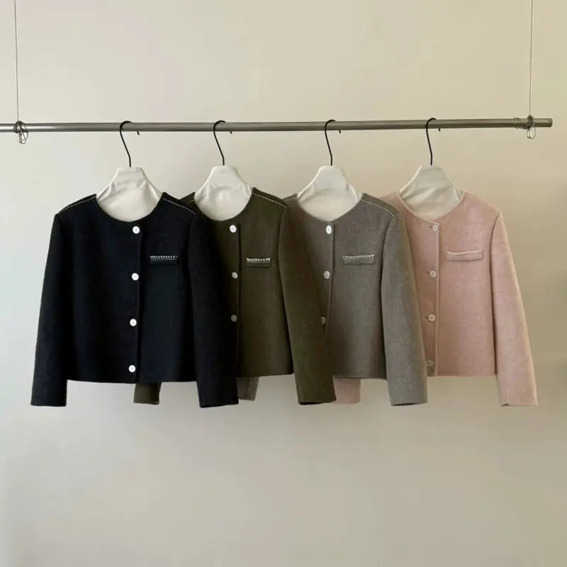 LANMREM Solid Color Round Neck Long Sleeve Single-Breasted Double-Sided Wool Coat Autumn Winter Woolen Short Jacket Chic 2DB4245