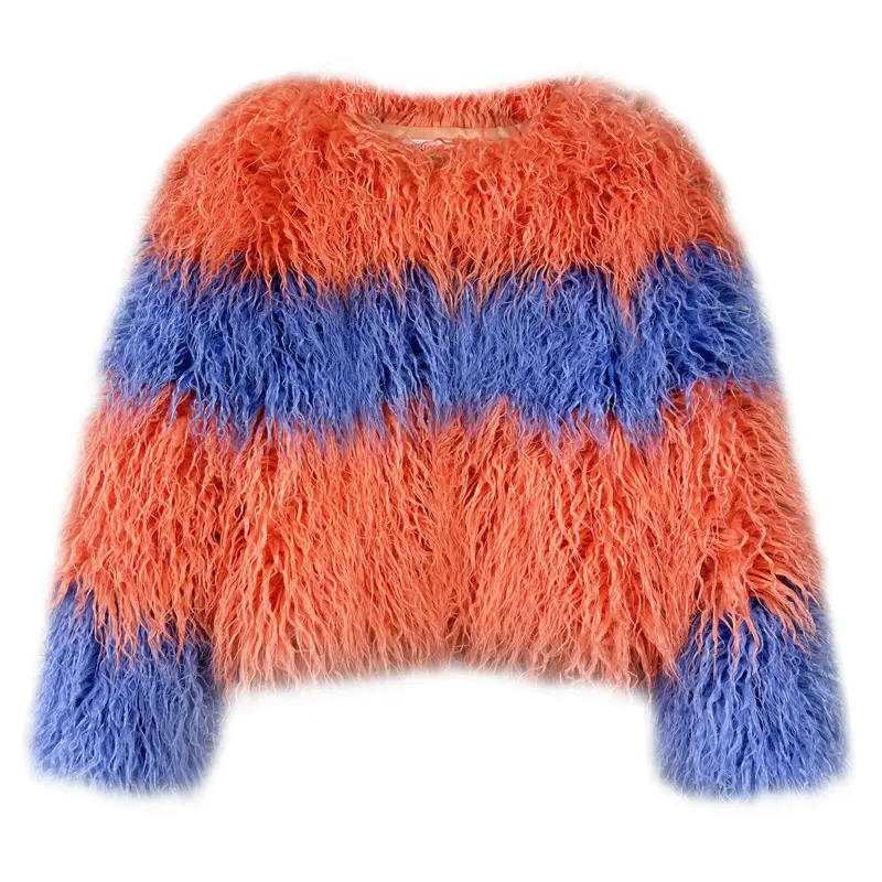 LANMREM High Quality Colorblock Patchwork Faux Fur Coat Women's Loose Cardigan O-neck Winter Thick Warm Short Jacket 2DB4200