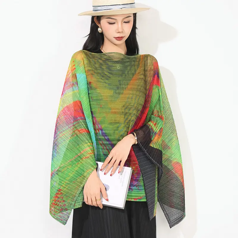 LANMREM Chic New Striped Sun Protection Shawl Fashion Loose Casual Outerwear Elastic Print Design Batwing Sleeve Cape Top DB4248