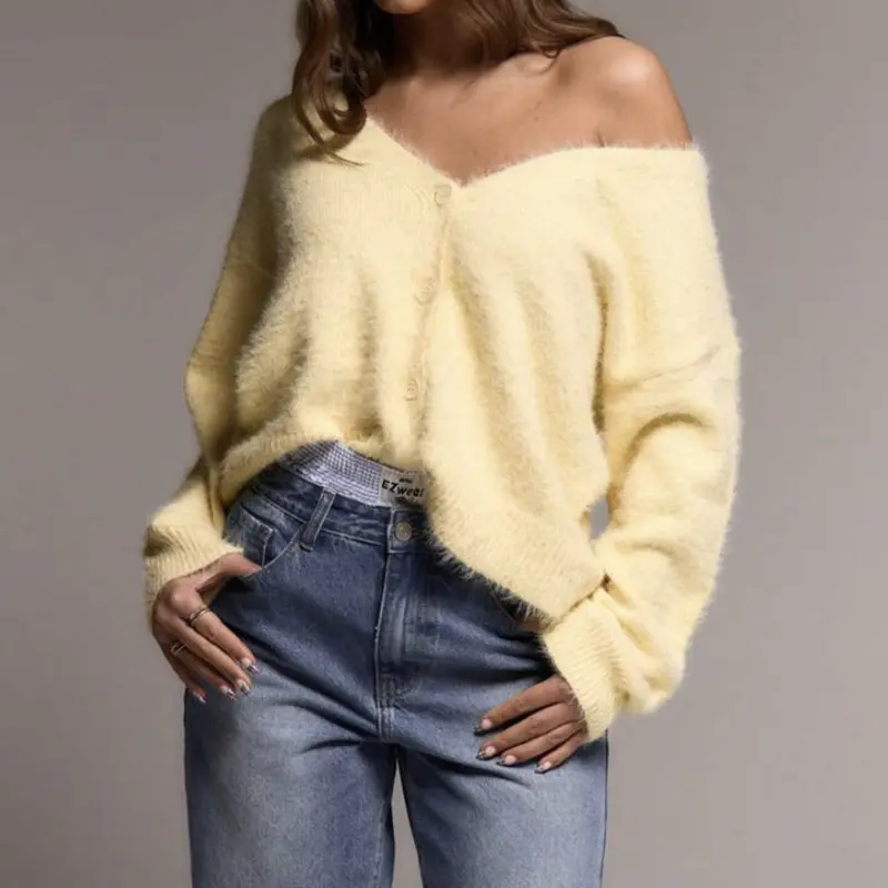 LANMREM 2025 Autumn Faux Mink Cardigan Sweater For Women Lazy Style Loose V Collar Soft Long Sleeve Knitted Clothing 2DB4234