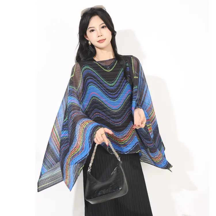 LANMREM Chic New Striped Sun Protection Shawl Fashion Loose Casual Outerwear Elastic Print Design Batwing Sleeve Cape Top DB4248