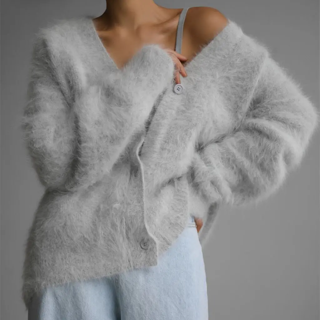 LANMREM 2025 Autumn Faux Mink Cardigan Sweater For Women Lazy Style Loose V Collar Soft Long Sleeve Knitted Clothing 2DB4234