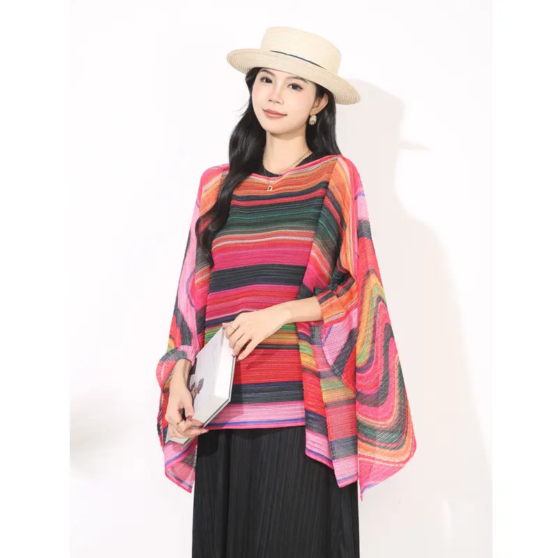 LANMREM Chic New Striped Sun Protection Shawl Fashion Loose Casual Outerwear Elastic Print Design Batwing Sleeve Cape Top DB4248