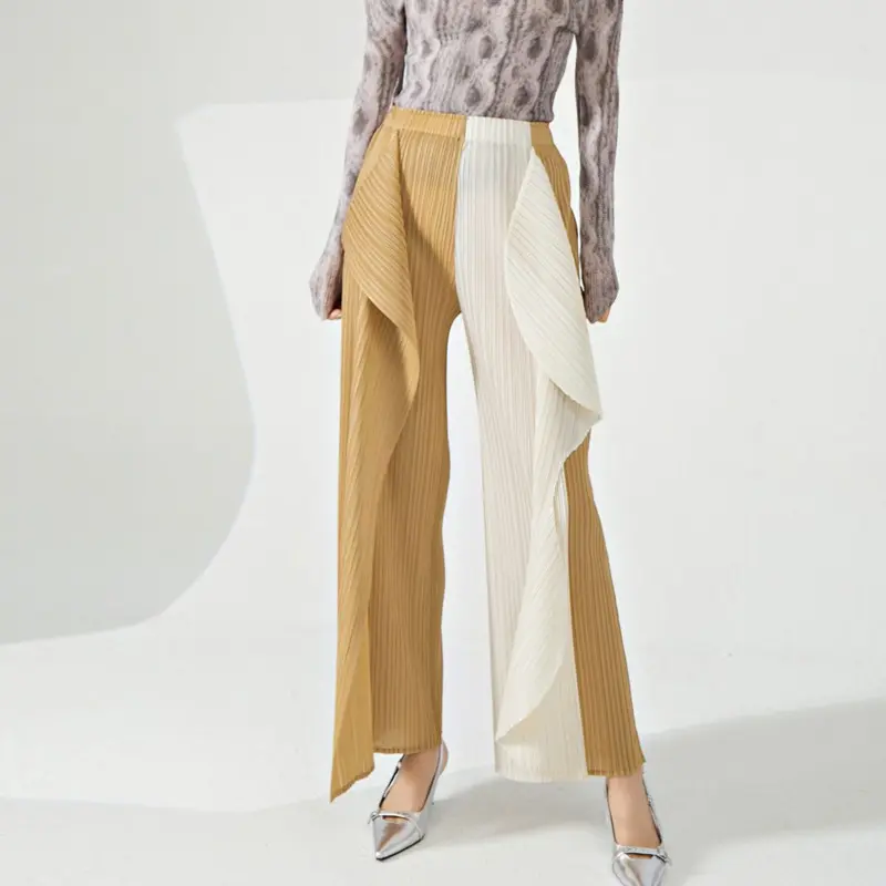 LANMREM Color-block Spliced Pleated Women's Trousers Irregular Design Wide-Leg Pants Chic Thin Elastic Waist Loose Pants 2DB4180