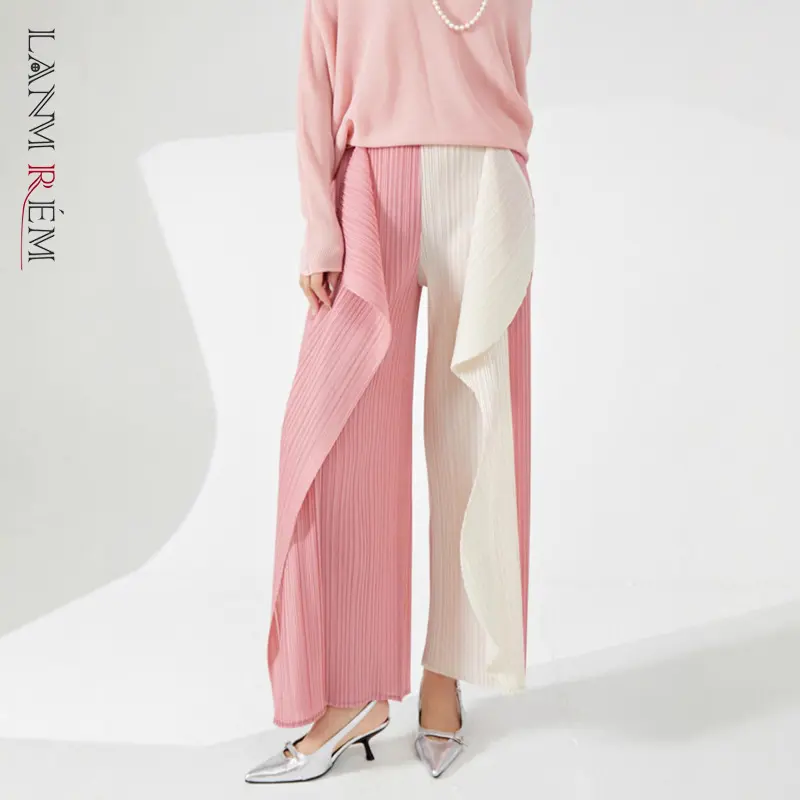 LANMREM Color-block Spliced Pleated Women's Trousers Irregular Design Wide-Leg Pants Chic Thin Elastic Waist Loose Pants 2DB4180