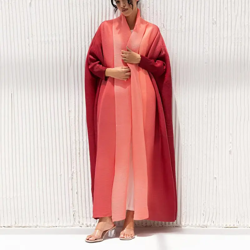 LANMREM Chic New Women's Pleated Trench Coat Fashion Loose Elastic Gradient Color Bawting Long Sleeve Muslim Long Robe 2DB4236