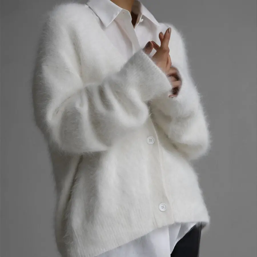 LANMREM 2025 Autumn Faux Mink Cardigan Sweater For Women Lazy Style Loose V Collar Soft Long Sleeve Knitted Clothing 2DB4234