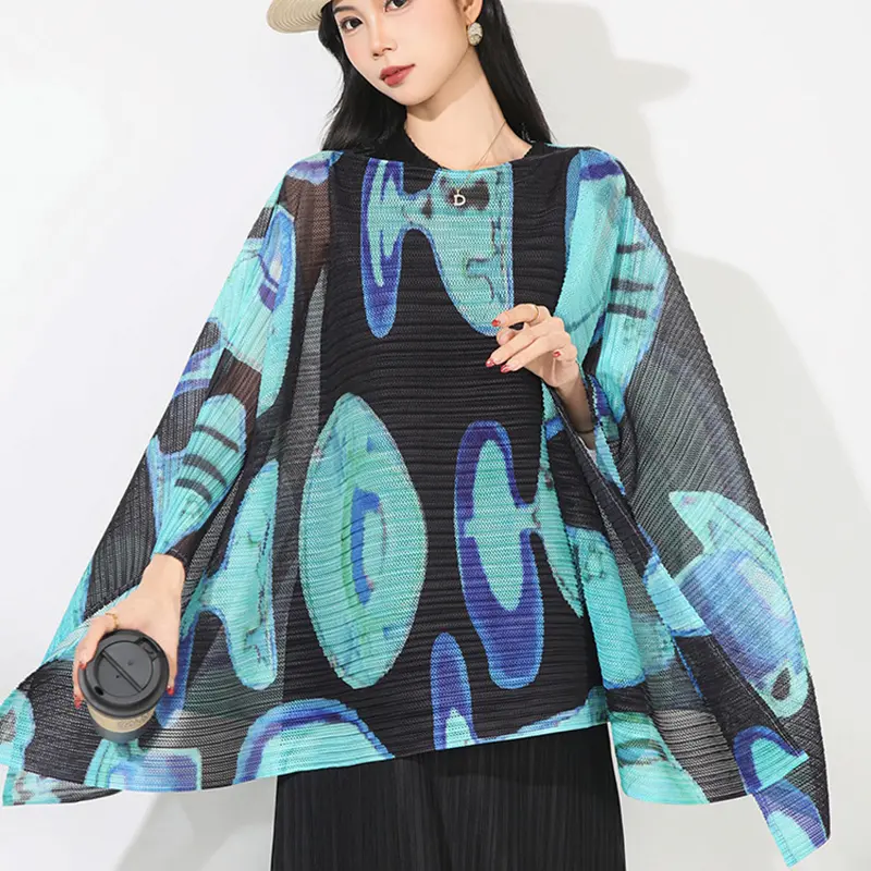 LANMREM Chic New Striped Sun Protection Shawl Fashion Loose Casual Outerwear Elastic Print Design Batwing Sleeve Cape Top DB4248