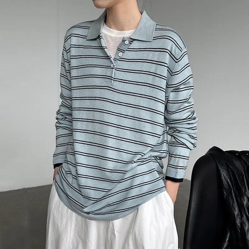 LANMREM Grey Striped Turn Down Collar Long Sleeve Knitted Sweater For Women Autumn Winter New Colorblock Pullover Tops 2DB4260