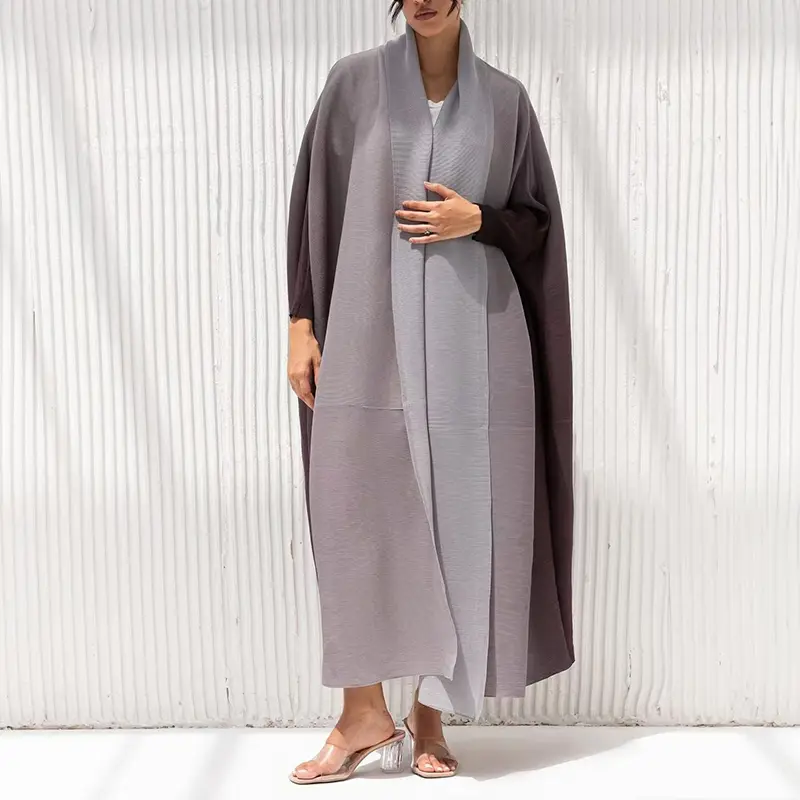 LANMREM Chic New Women's Pleated Trench Coat Fashion Loose Elastic Gradient Color Bawting Long Sleeve Muslim Long Robe 2DB4236