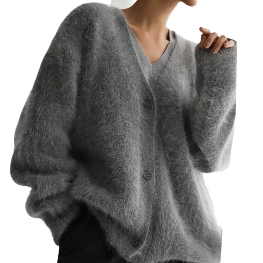 LANMREM 2025 Autumn Faux Mink Cardigan Sweater For Women Lazy Style Loose V Collar Soft Long Sleeve Knitted Clothing 2DB4234
