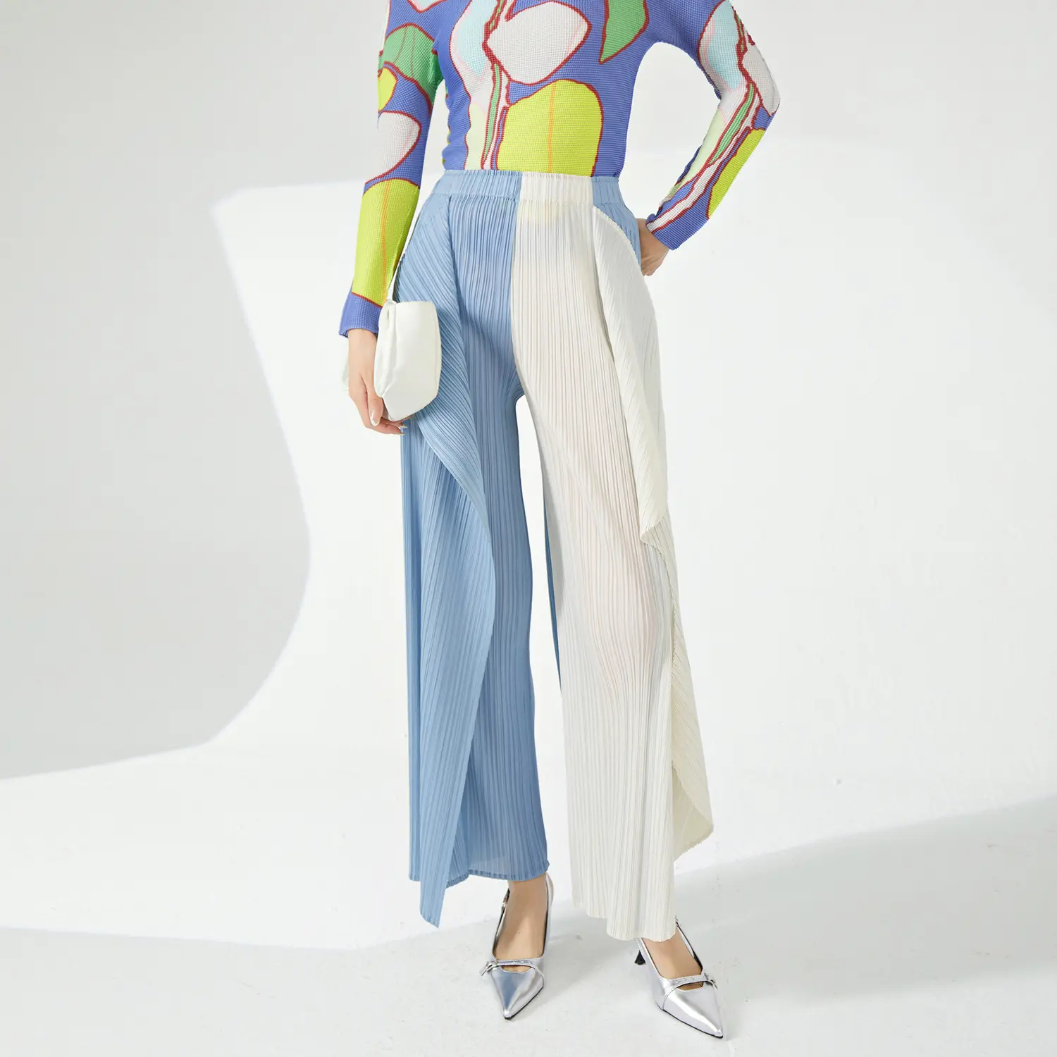 LANMREM Color-block Spliced Pleated Women's Trousers Irregular Design Wide-Leg Pants Chic Thin Elastic Waist Loose Pants 2DB4180