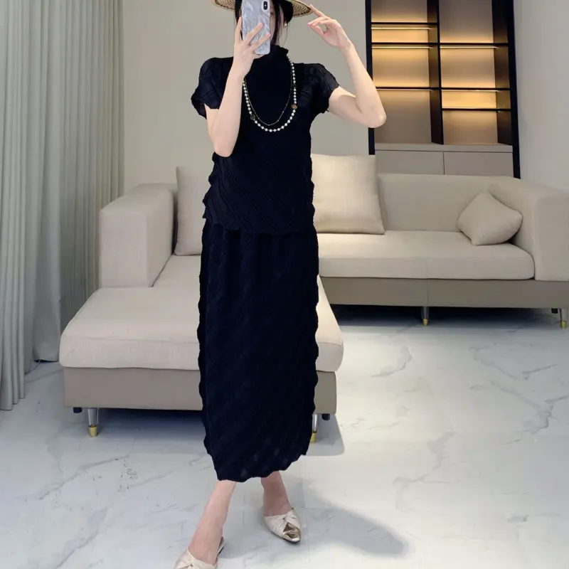 LANMREM High Quality Pleated Women's Two Pieces Set Stand Collar Short Sleeve T-shirt + Elastic High Waist Straight Skirt DB4202