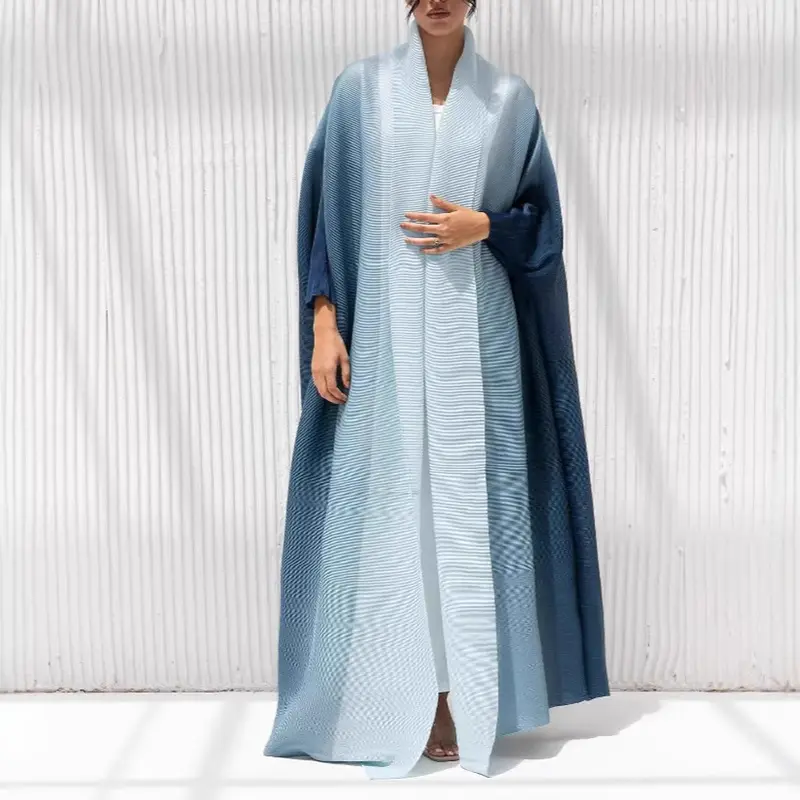 LANMREM Chic New Women's Pleated Trench Coat Fashion Loose Elastic Gradient Color Bawting Long Sleeve Muslim Long Robe 2DB4236