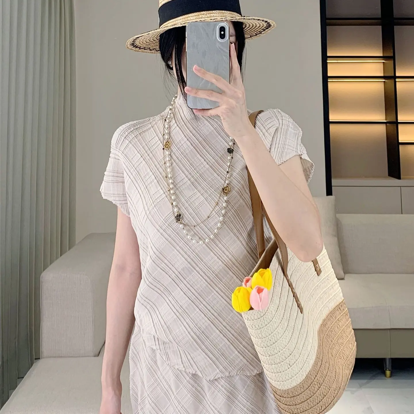 LANMREM High Quality Pleated Women's Two Pieces Set Stand Collar Short Sleeve T-shirt + Elastic High Waist Straight Skirt DB4202