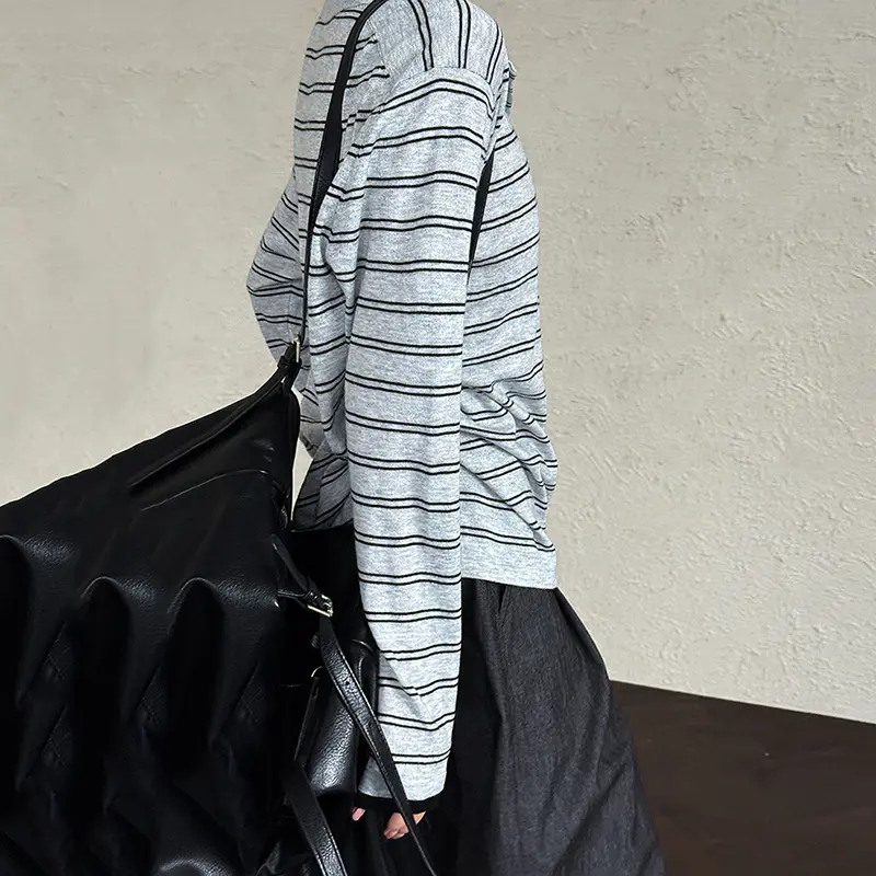 LANMREM Grey Striped Turn Down Collar Long Sleeve Knitted Sweater For Women Autumn Winter New Colorblock Pullover Tops 2DB4260
