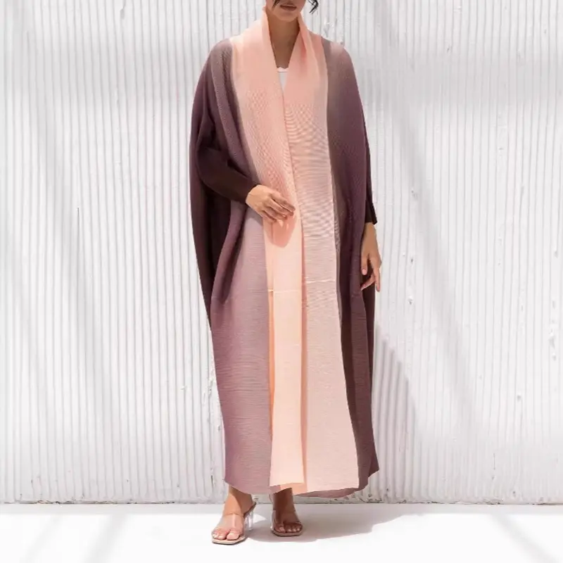LANMREM Chic New Women's Pleated Trench Coat Fashion Loose Elastic Gradient Color Bawting Long Sleeve Muslim Long Robe 2DB4236
