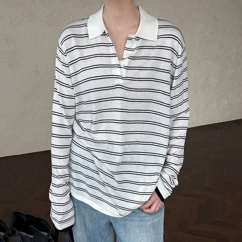 LANMREM Grey Striped Turn Down Collar Long Sleeve Knitted Sweater For Women Autumn Winter New Colorblock Pullover Tops 2DB4260