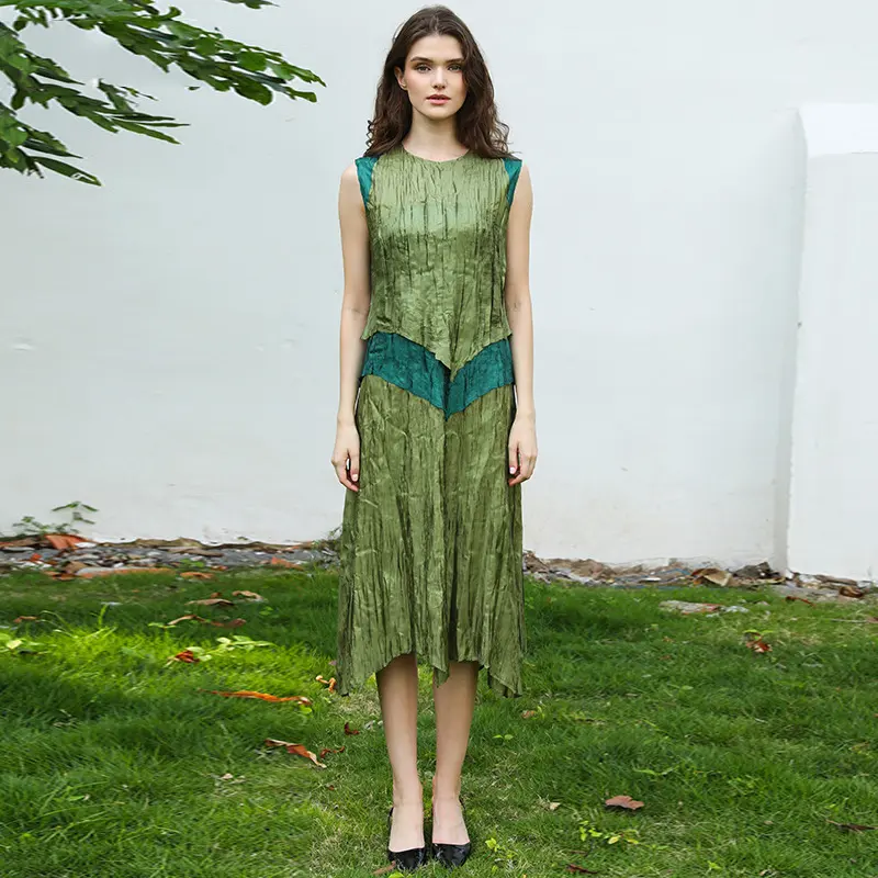 LANMREM 2025 Summer New Colorblock Spliced Sleeveless Green Women's Dress Fashion Elastic Slimming Round Collar Clothing 2DB4157