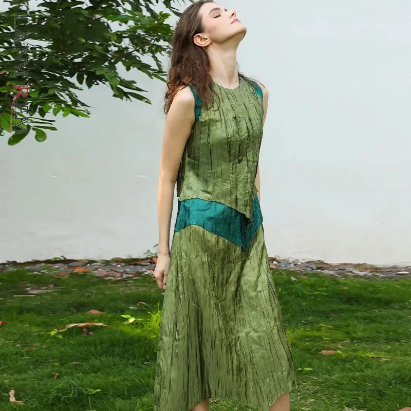 LANMREM 2025 Summer New Colorblock Spliced Sleeveless Green Women's Dress Fashion Elastic Slimming Round Collar Clothing 2DB4157