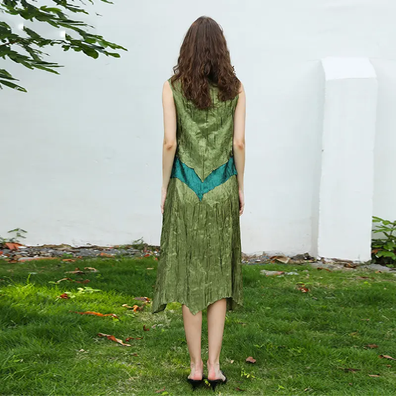 LANMREM 2025 Summer New Colorblock Spliced Sleeveless Green Women's Dress Fashion Elastic Slimming Round Collar Clothing 2DB4157