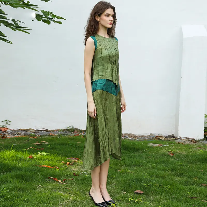 LANMREM 2025 Summer New Colorblock Spliced Sleeveless Green Women's Dress Fashion Elastic Slimming Round Collar Clothing 2DB4157