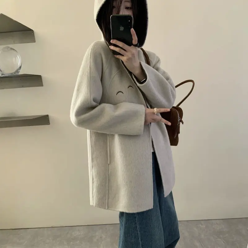 LANMREM Rabbit Ear Hooded Double Sided Woolen Coat Hidden Buttons Long Sleeve Mid-Length Loose Autumn Winter Jackets 2DB4243