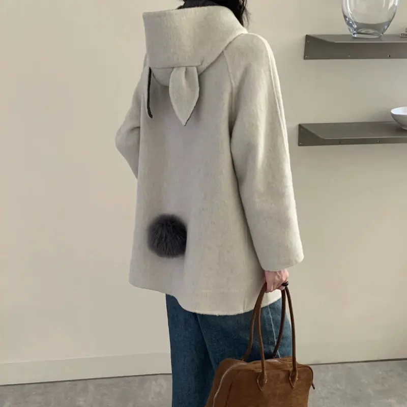 LANMREM Rabbit Ear Hooded Double Sided Woolen Coat Hidden Buttons Long Sleeve Mid-Length Loose Autumn Winter Jackets 2DB4243