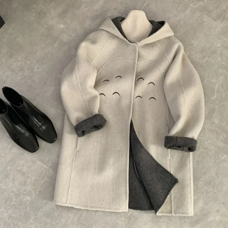 LANMREM Rabbit Ear Hooded Double Sided Woolen Coat Hidden Buttons Long Sleeve Mid-Length Loose Autumn Winter Jackets 2DB4243