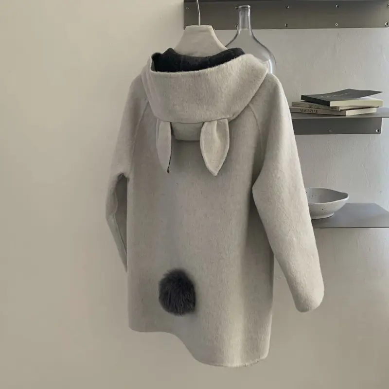 LANMREM Rabbit Ear Hooded Double Sided Woolen Coat Hidden Buttons Long Sleeve Mid-Length Loose Autumn Winter Jackets 2DB4243