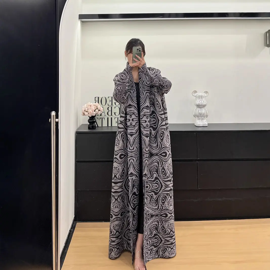 LANMREM Black And Grey Printting Design Women's Lightweight Trench Coat High-End Elastic Loose Long Sleeve Long Robe New 2DB4238