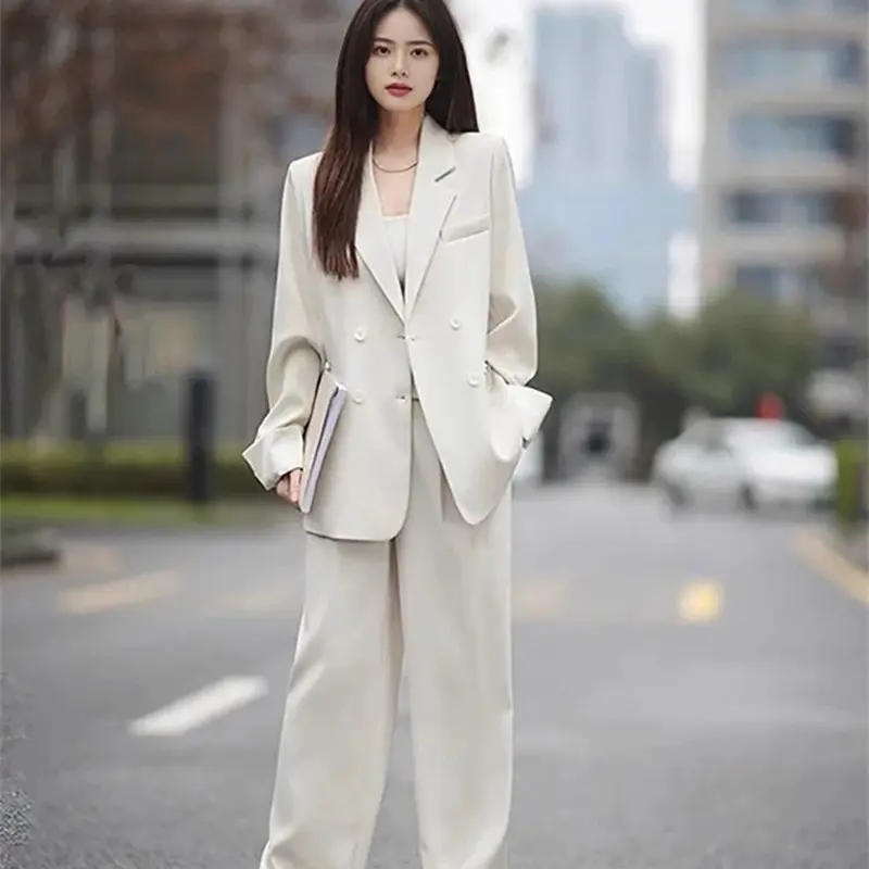 LANMREM Office Chinese Style Women's Suit Two Pieces Set 2025 Chic New High-End Double Brasted Casual Blazer And Wide-Leg Pants