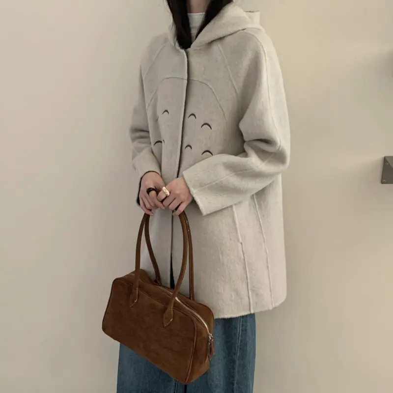 LANMREM Rabbit Ear Hooded Double Sided Woolen Coat Hidden Buttons Long Sleeve Mid-Length Loose Autumn Winter Jackets 2DB4243