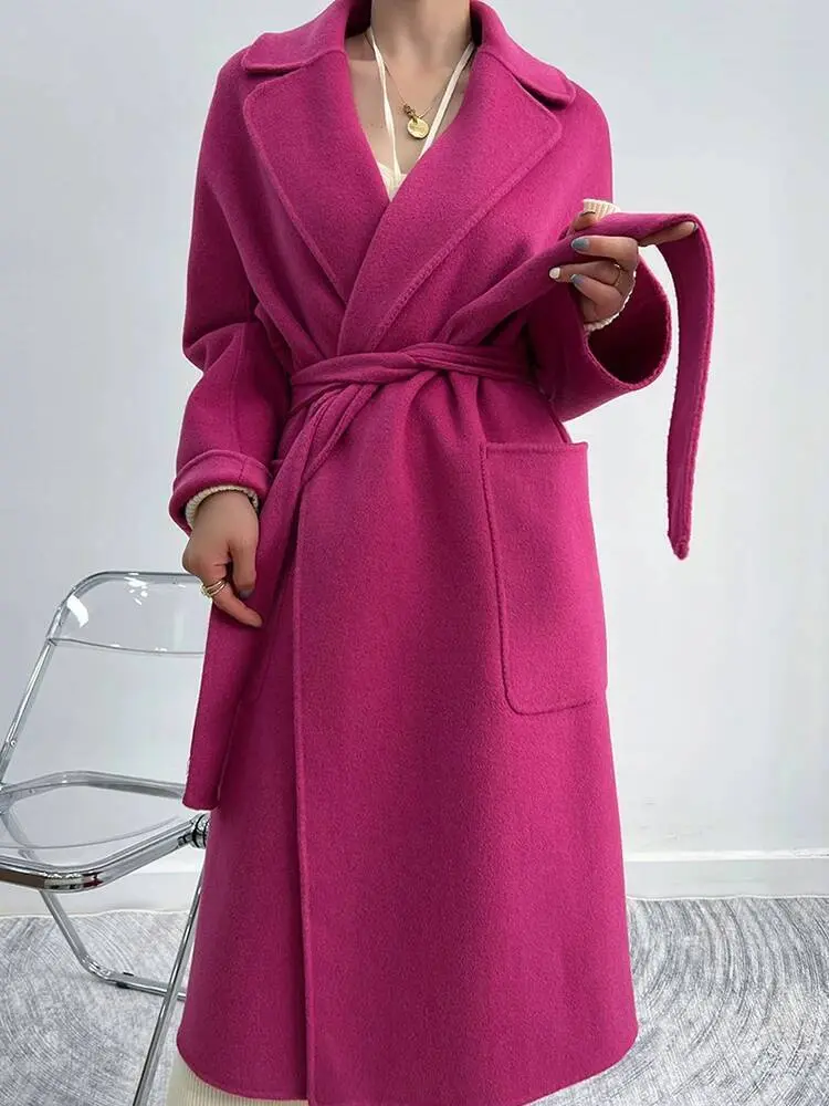 LANMREM Women Wool Coats Lapel Long Solid Color Belt Woolen Coats High Street Female Luxury Clothing 2023 Winter New 2DA1901