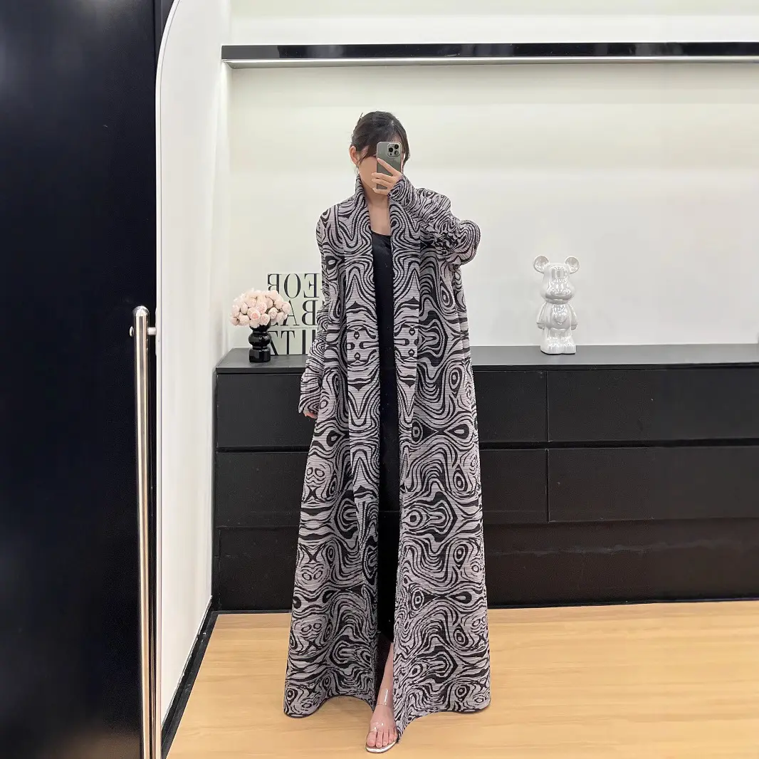 LANMREM Black And Grey Printting Design Women's Lightweight Trench Coat High-End Elastic Loose Long Sleeve Long Robe New 2DB4238