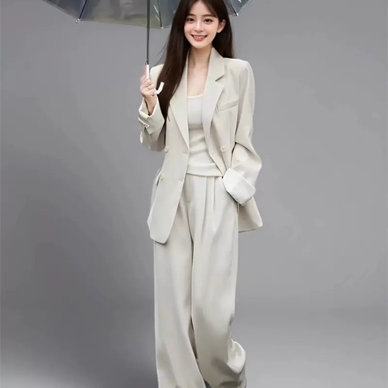 LANMREM Office Chinese Style Women's Suit Two Pieces Set 2025 Chic New High-End Double Brasted Casual Blazer And Wide-Leg Pants