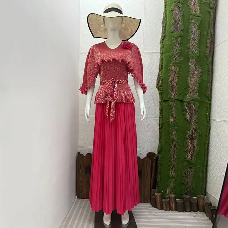 LANMREM Gold Foil Printing Design Women's Pleated Two Pieces Set Bawting Sleeve Ruched Spliced Tie Top And Elastic Skirt 2DB4149