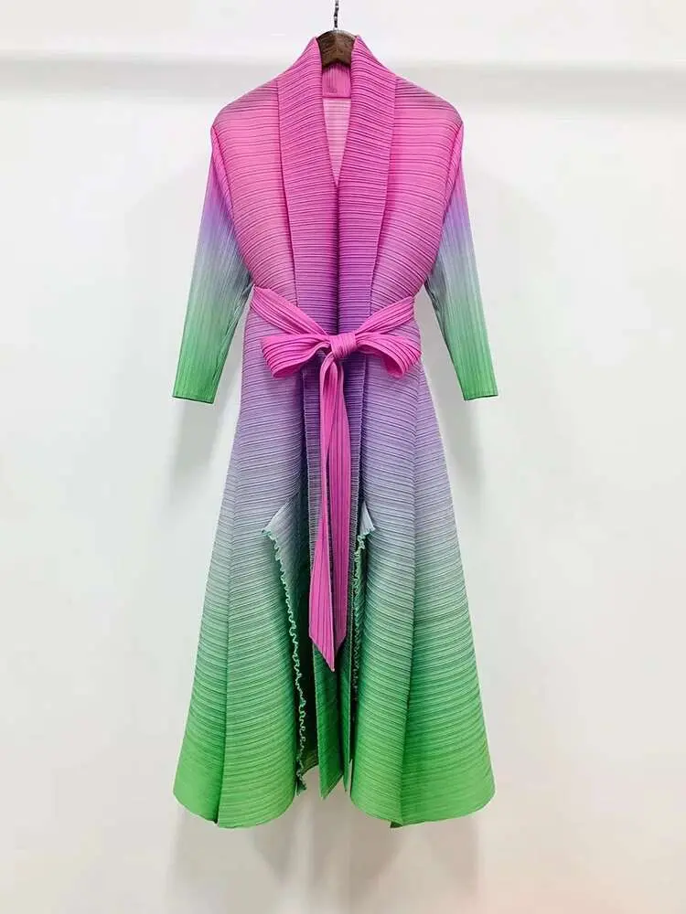 LANMREM Contrast Color Pleated Dress For Women Open Stitch Belt Midi Elegant Dresses Ladies Party Clothing 2025 Spring 2R7326